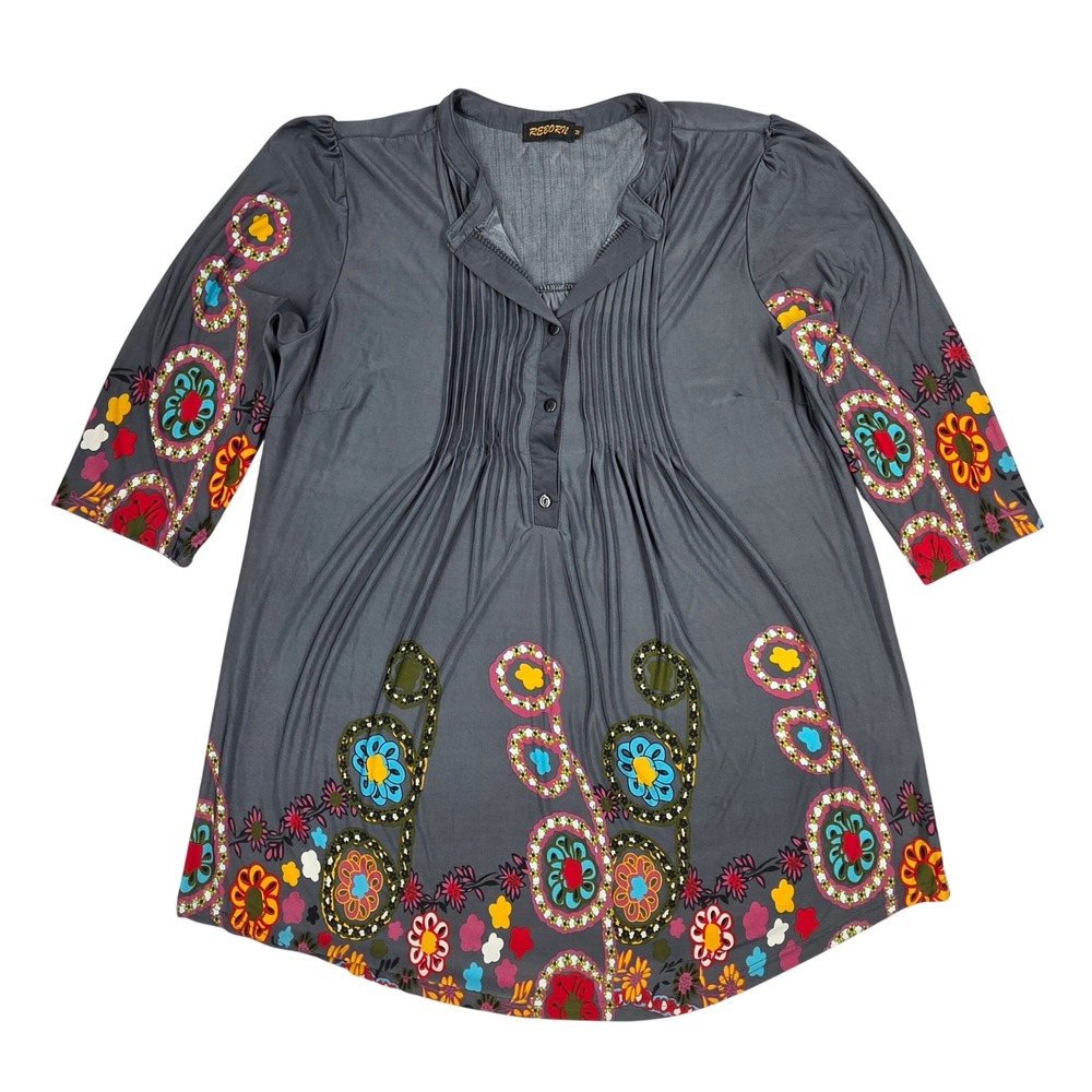 Reborn Womens Gray Floral Paisley Print Pintuck Tunic Top 3/4 Sleeve Size M
